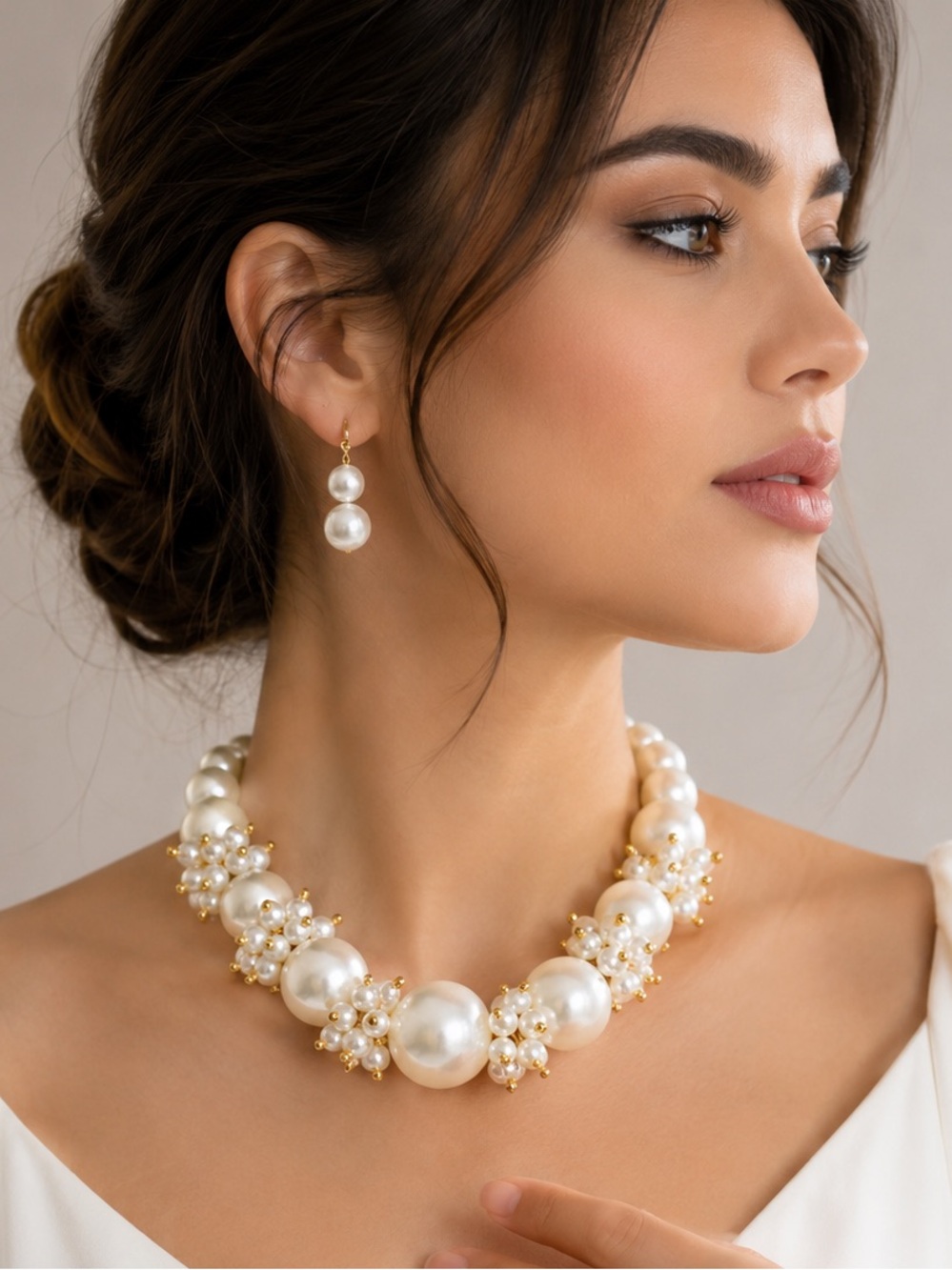 Timeless Pearl Clustered Sophisticated Necklace&Earrings Set - Picture 2 of 8